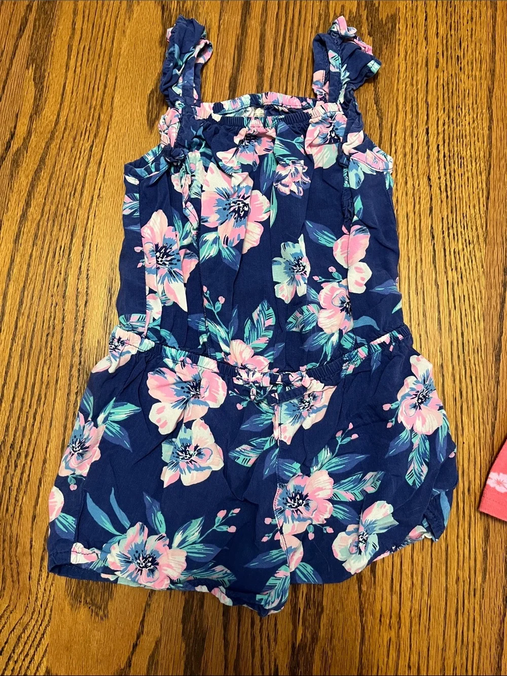 Navy Floral Romper & Pink Stitch Tank with Coral Shorts Set